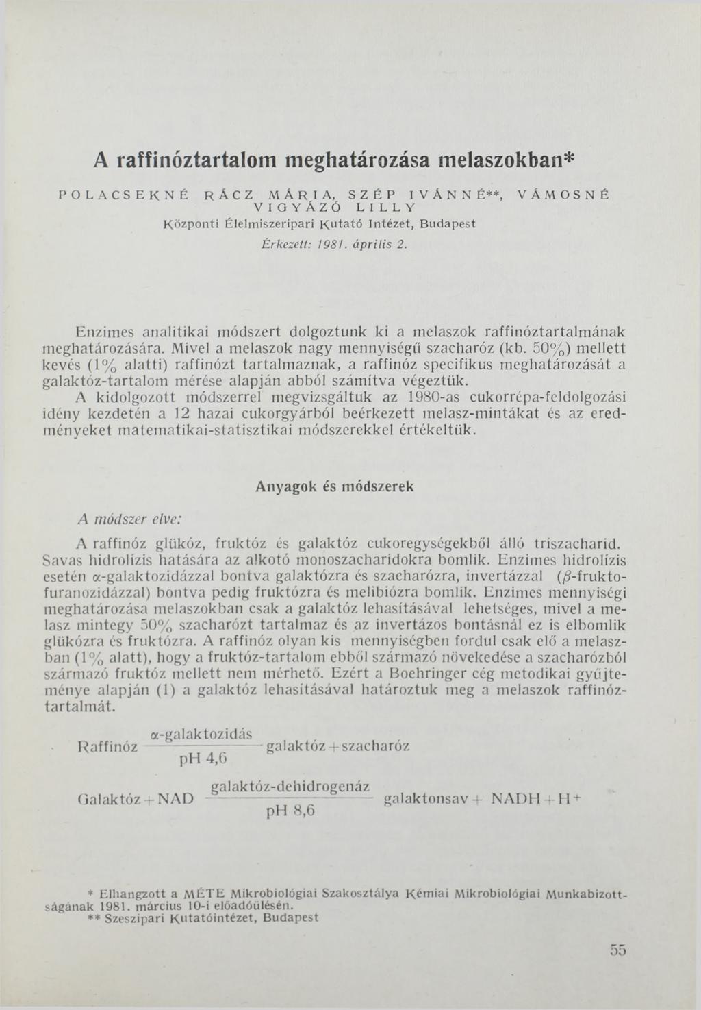 A raffinóztartalom meghatározása melaszokban* POLACSEKNÉ RÁ CZ MÁRIA, SZÉP IVÁNN É **, V Á M О S N É VIGYÁZÓ LILLY K ö zp on ti É lelm iszeripari K u ta tó Intézet, Budapest Érkezett: 1981. április 2.