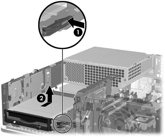 3. A meghajtó foglalatból történő kioldásához nyomja le az optikai meghajtó jobb oldalán található zöld rögzítőreteszt (1).