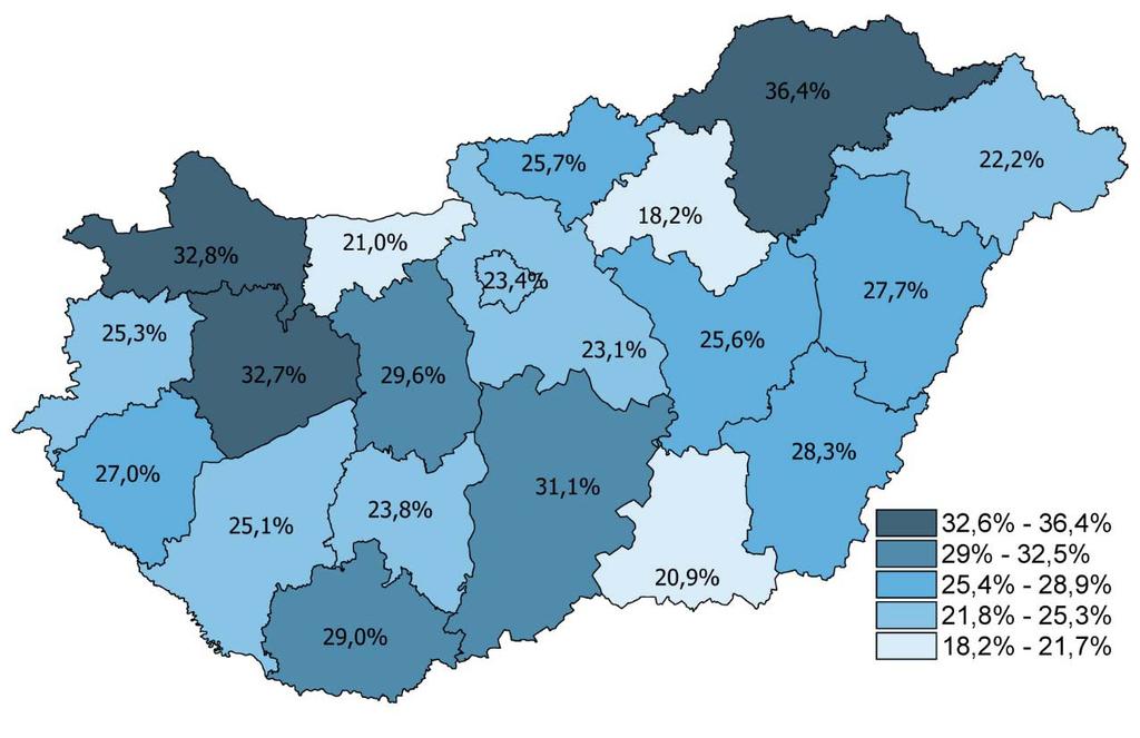 I1.6. térkép: AMI-t követõ 90 napon belüli halálozási arány megyénként, teljes lakosság, nemre és korcsoportra standardizált