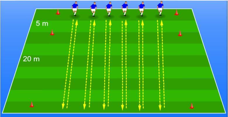 Motoros képességek mérése Vizsgált terület MOTOROS KÉPESSÉGEK Mért változó Futball- specifikus állóképesség Leírás Pionok segítségével 20+5 méteres sávokat jelölünk ki a képen látható módon.