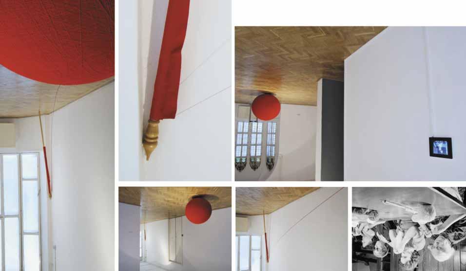 6 lifesize draft (utopia battery) > 2009 installation: polystyrene ball covered with red wool (diameter 100 cm), wooden staff with finial, digital animation (3 loop)