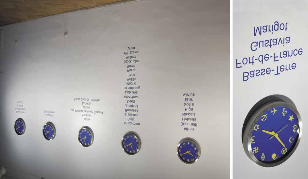 7 emt (european mean time) > 2009 installation: six radio controlled wall clocks, text 600x250 cm (Shows: 2009 Smallest Common Multiple - Ernst Museum, Budapest, 2011 Joy and Disaster, Bunkier Sztuky