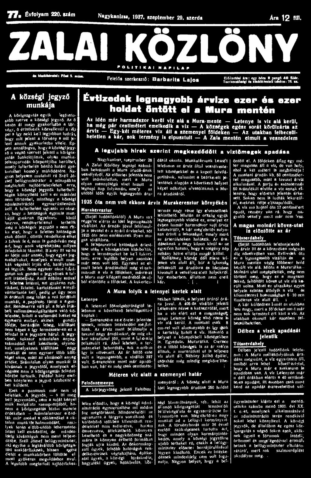 77. Évfolyam 220. gitm Nagykanhw, 1937. szeptember 29. izerdt Ara 12 HU. ZALAI KÖZLÖNY P O L I T I K A I N A P I L A P b Uadófcivatali PM 5.