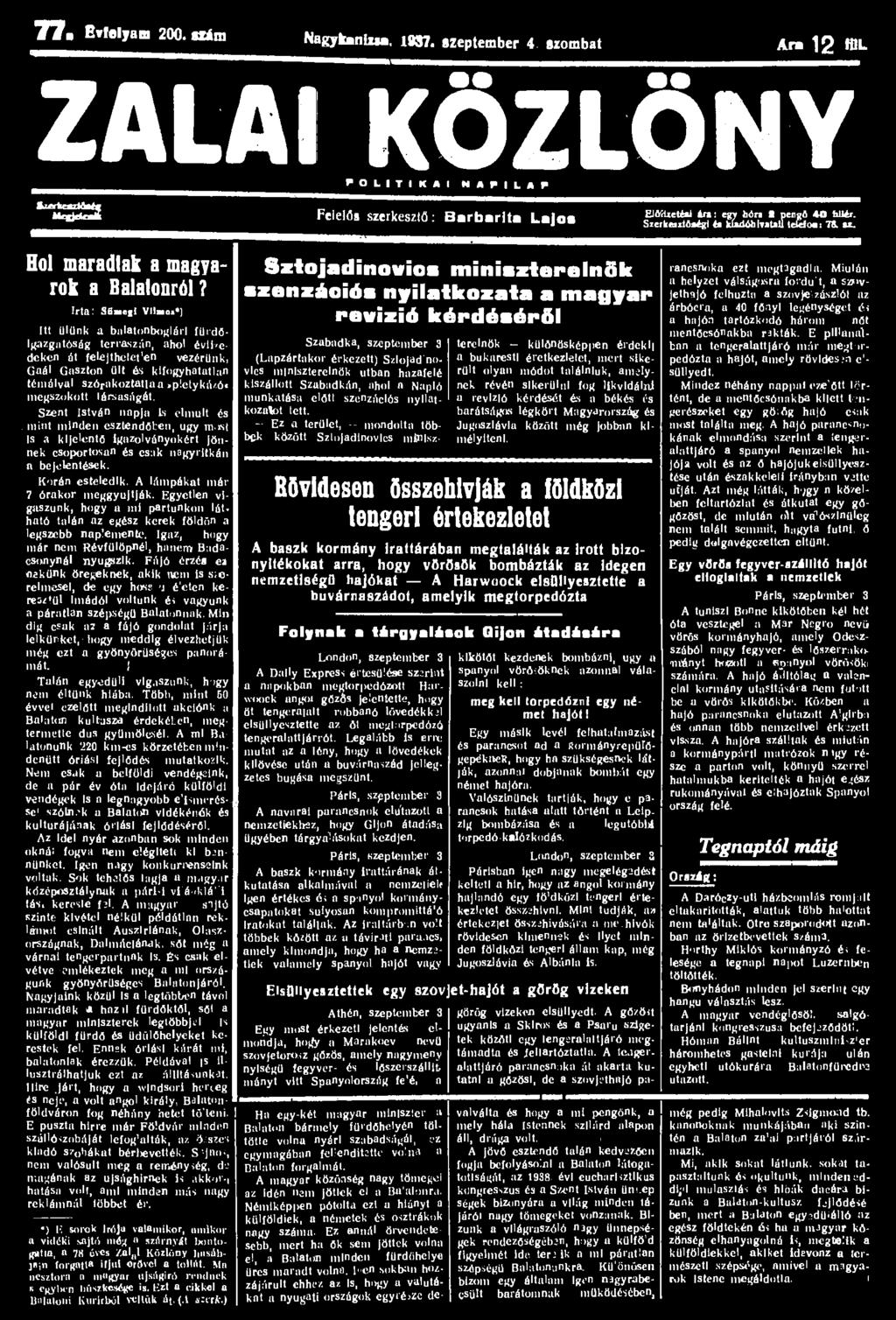 77. Évfolyam 200. Mim Nagykanizsa. 18S7.