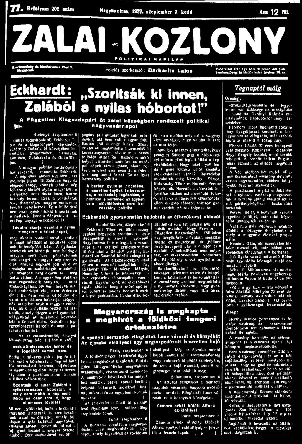 77a Évfolyam202.szám Nagykanizsa, J0S7. szeptember 7. kedd Ara 12 ML ZALAI KÖZLÖNY te UadMnfali r u 5.