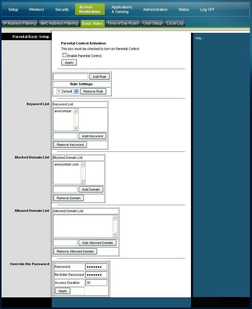 Az átjáróhoz való hozzáférés szabályozása Az Access Restrictions (Hozzáférés korlátozása) Basic Rules (Alapvető szabályok) lap megnyitásához válassza a Basic Rules (Alapvető szabályok) fület.