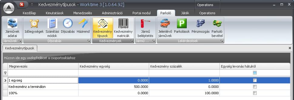 ProxerNet szoftver ParkControl modul, DiscountSpot opciós modul, Kedvezménytípusok menüpont. Itt lehet megadni a különböző kedvezmények paramétereit időben vagy százalékban.