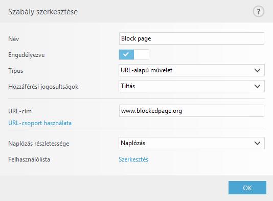 A szabályok listája a szabályokra vonatkozó számos leírást, többek között a nevet, a tiltás típusát és a webfelügyeleti szabály és a napló súlyosságának egyeztetését követően végrehajtandó műveletet