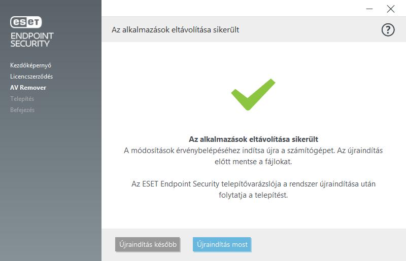 6. Indítsa újra a számítógépet a módosítások alkalmazásához és az ESET Endpoint Security telepítésének folytatásához.
