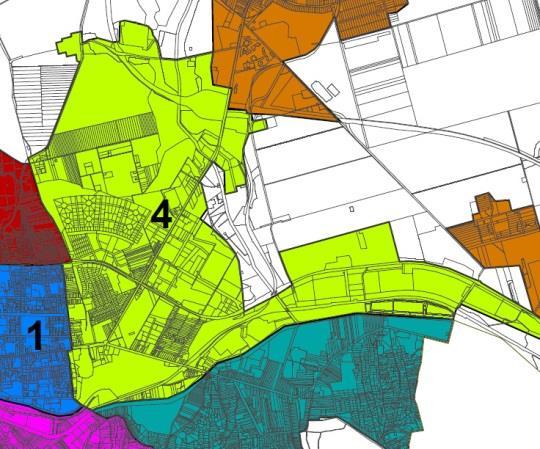 4. Kisgát és környéke (ipari parkok) Értékek, adottságok, Tartalék lakóterületek Működő és tartalék gazdasági területek Problémák, konfliktusok erős átmenő és célforgalom (teher) különszintű vasúti