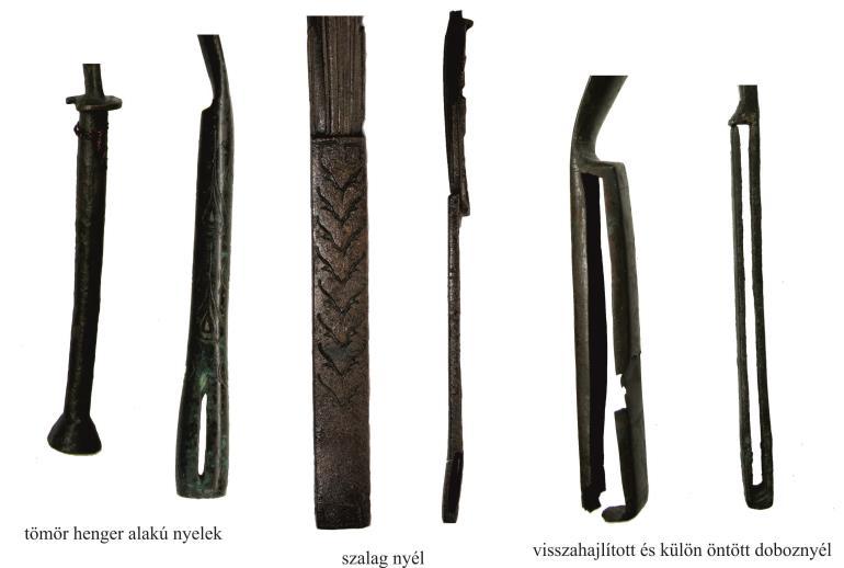 32. kép: Pannoniai nyéltípusok ( a szerző felvételei) I.3. típus: lineáris kanalú strigilisek visszahajlított doboznyéllel (Kat. 594-596.