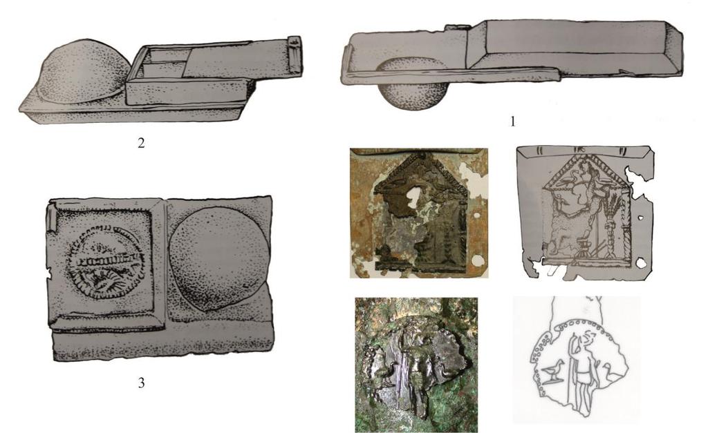 IV.9.1.2. Sminkesdobozok (Kat. 1026-1029.): Ide soroljuk a jellegzetesen félgömb formájú rekesszel ellátott tenyérnyi méretű skatulyákat, amelyekhez sínekkel rögzíthető kőpaletta tartozott.