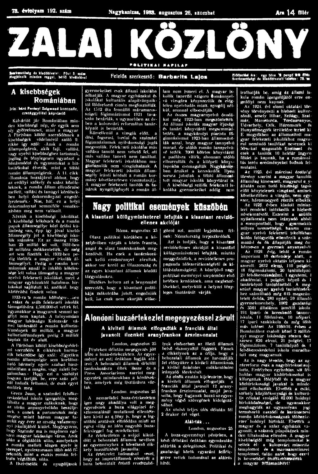 73. évfolyam 192. iilm Nigykanlzu. 1983. luguiztui 26, szombat Ara 14 Altér ZALAI KÖZLÖNY lierkesatóség éi kiadóhivatal föui 5.