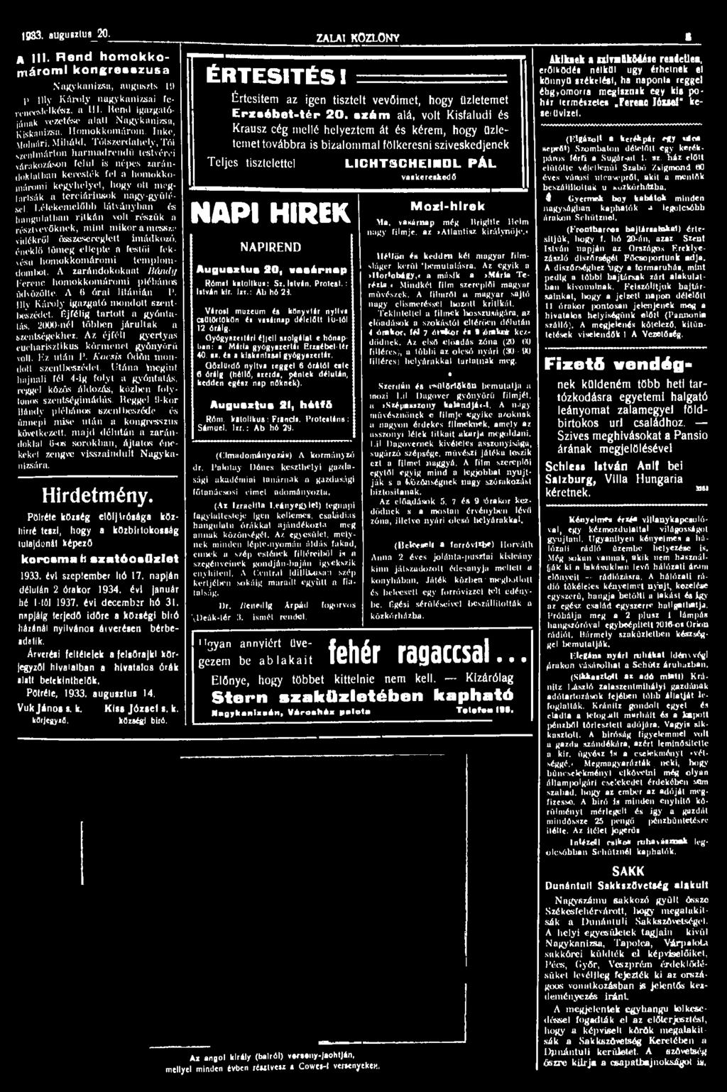 1983. augubzhi8_20. A III. Rend homokkotrtáromi kongresszusa Nagykanizsa, ouguszts 1'.) 1> IIly Károly nagykanizsai fevcncesk'lkész. a 111.