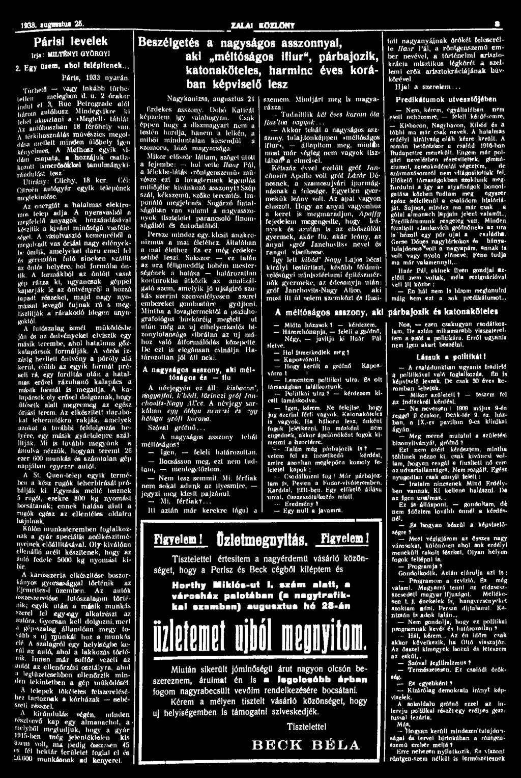 1938. augtmtm 25. Párisi levelek írja: IÍILTÉNYI GYÖRGYI 2. Egy özem» aho1 tompltenek... Páris, 1933 nyarán. Tűrhető vagy inkább törhetetlen melegben Ü. u.