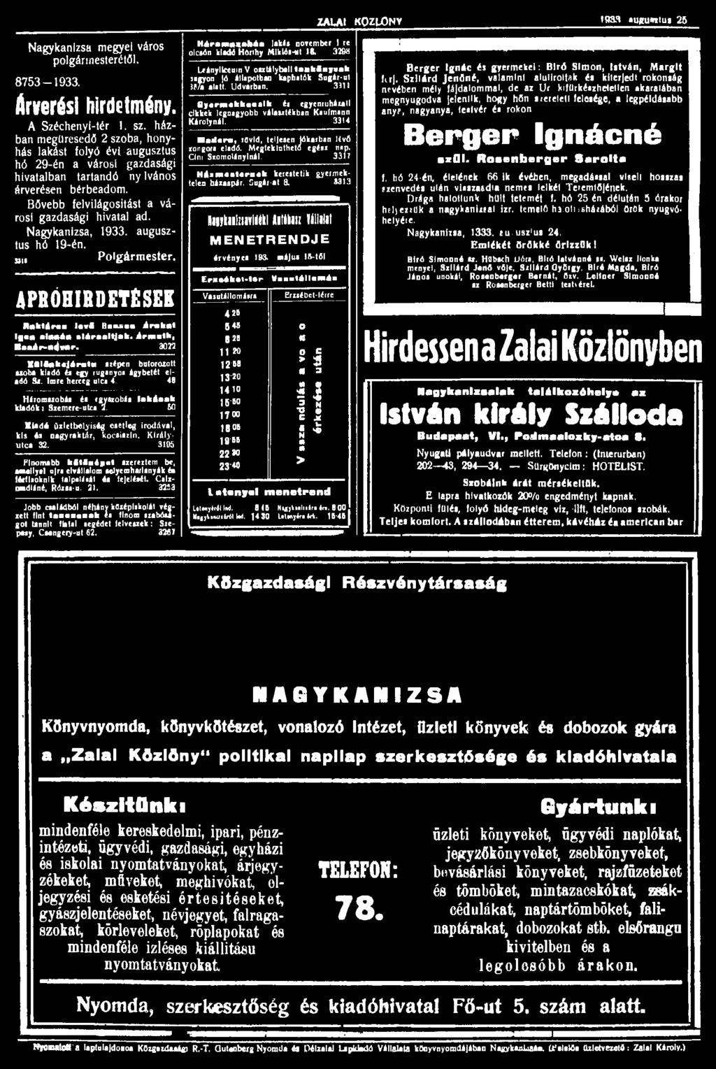 ZALAI KQZlONV 193.1 aupintus 25 Nagykanizsa megyei város polgármesterétől. 8753-1933. Árverési hirdetmény. A Széchenyi-tér I. sz.