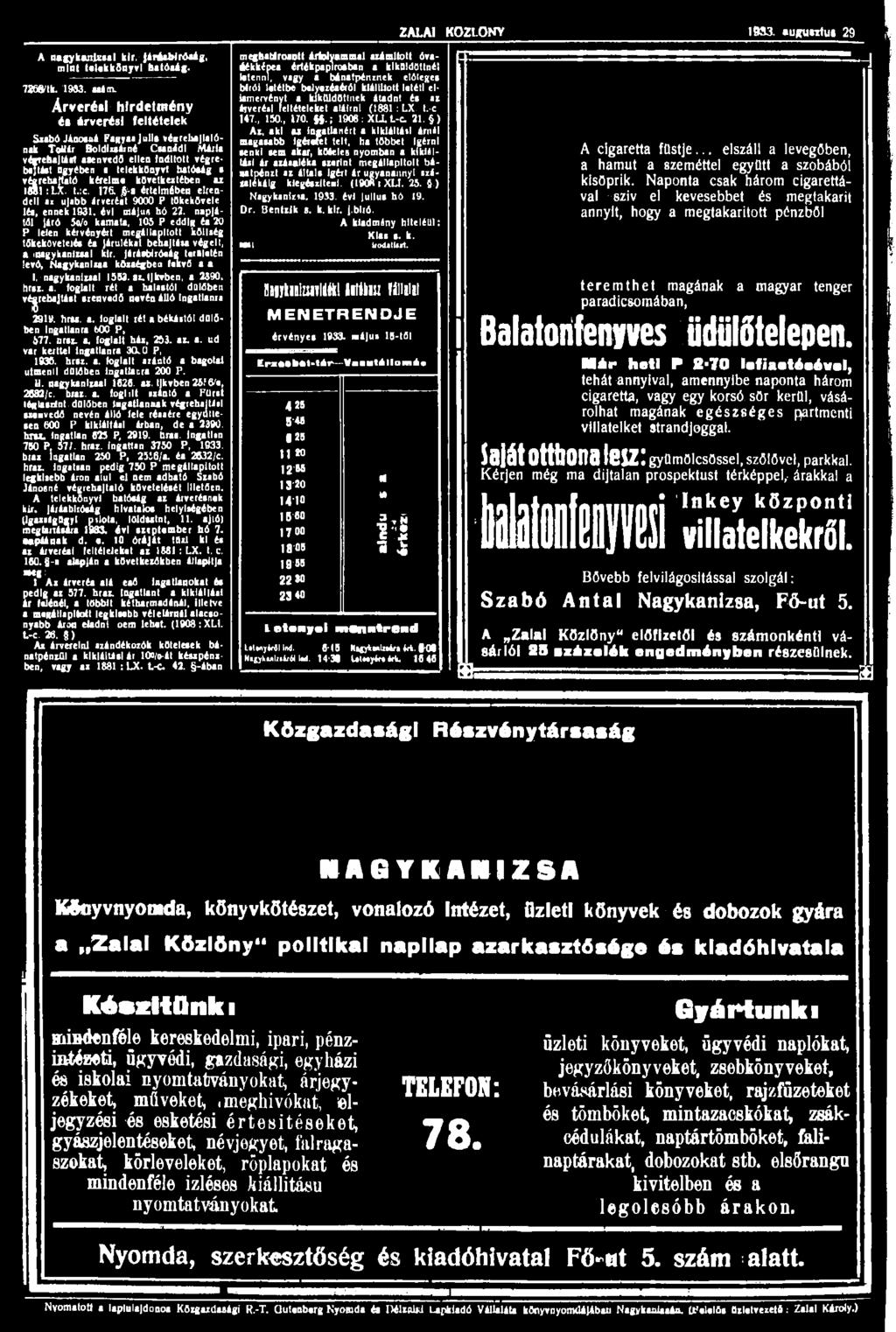 ZALAI KÖZLÖNY 1933. aukunhil 29 A nagykanizsai klr. iráawr4aág. mint telekkönyvi hatóaág. 72 tk. 1993. aatm.