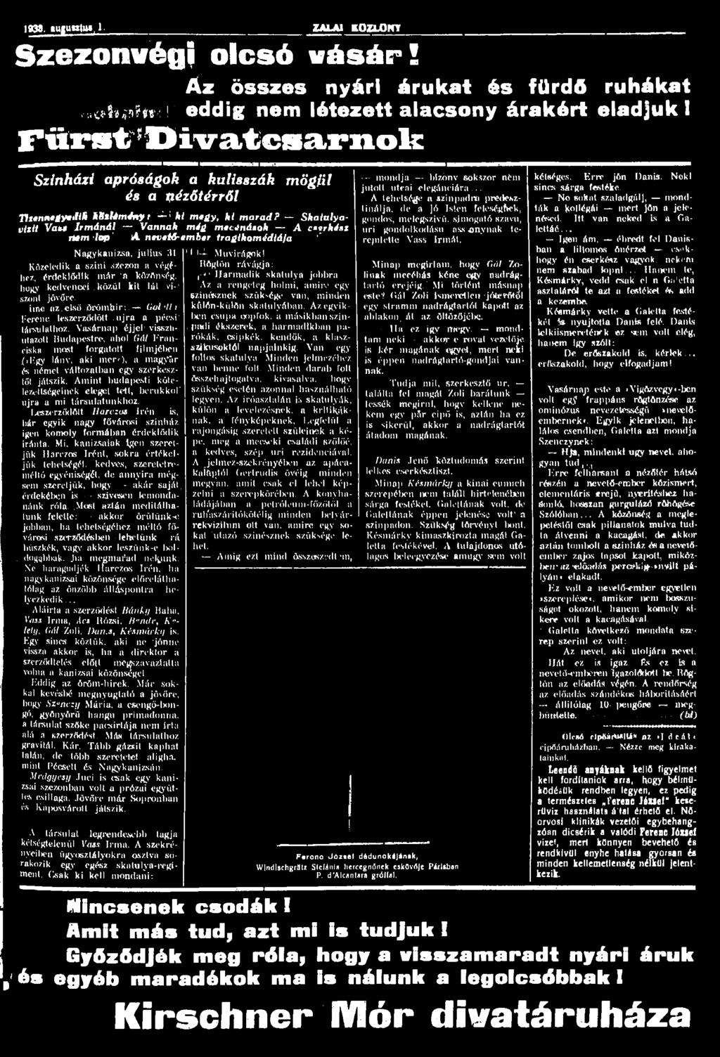 1838. luguntm.l. ZALAI KÖZLÖNY Szezonvégi olcsó vásár!