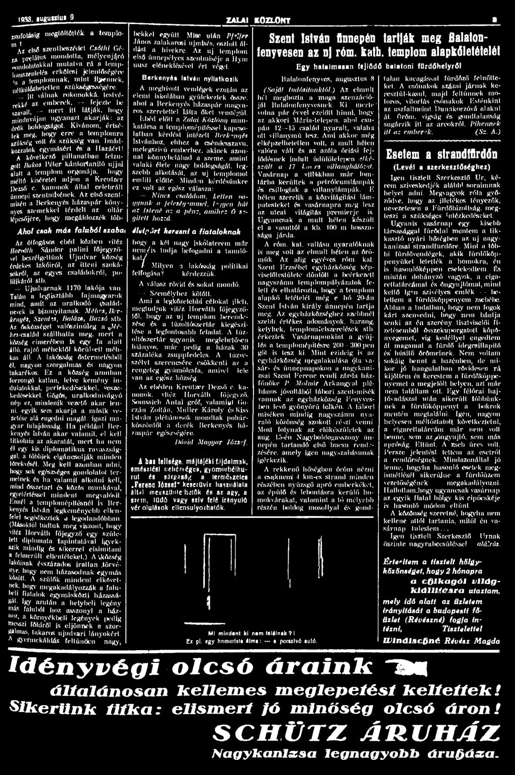 1933. augutdm 9 ZALAI KOZLONT t zsúfolásig megtöltötték a tcmplom /!