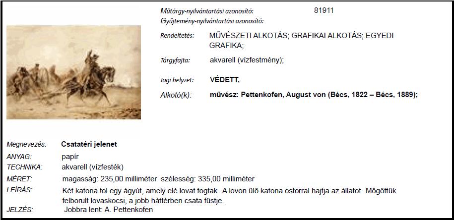 A 2013 októberében a Műtárgyfelügyeleti Iroda internetes adatellenőrzés során észlelte, hogy Pettenkofen, August von (Bécs, 1822 Bécs, 1889): Csatatéri jelenet [műtárgy-nyilvántartási azonosító: