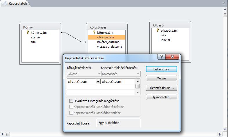 4. Kapcsolatok (külső kulcsok) kezelése A külső kulcs feltételek megadását kapcsolatok megadásaként értelmezi a rendszer.
