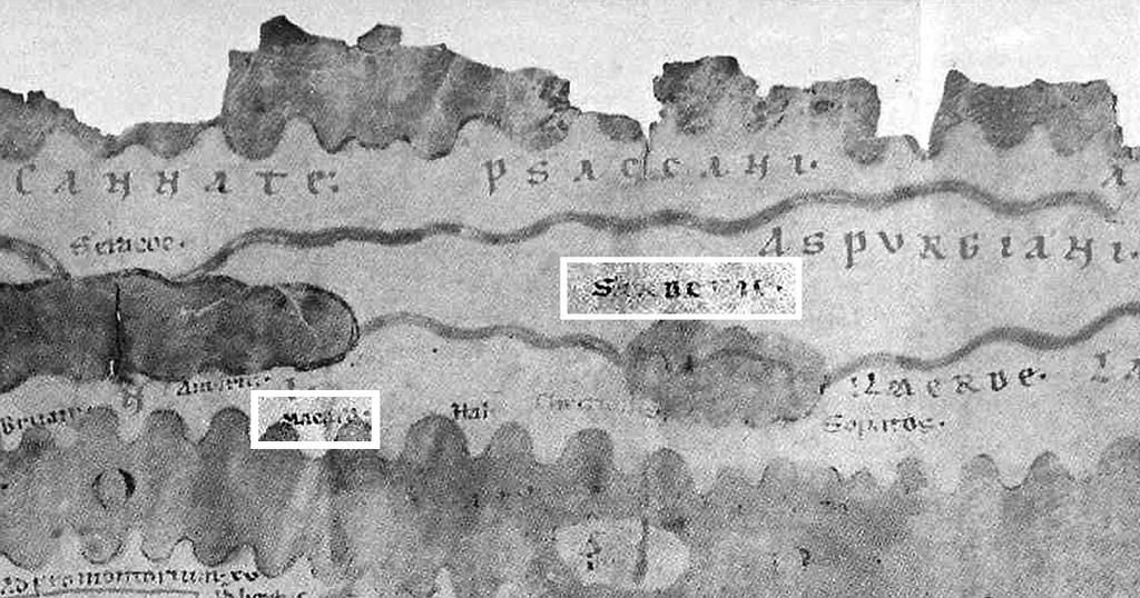 Szót kell ejtenünk a Tabula Peutingeriana nevű 3-4. századi római térképről, 11 melyen a Meótisz környékén felbukkan egy Macara városnév, illetve a 7.