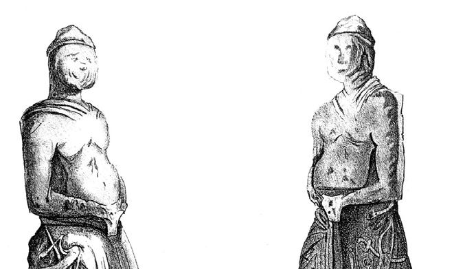 9. kép: Sírszobrok a levédiai pusztáról, oldalukon íjjal, szablyával (Jerney János helyszíni rajza) Visszatérve a steppei népek szobraira, a 682.