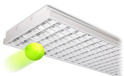 GYM-M COMPASS Labdavédett mnyezeti lámpatest tükrös fényterelővel Surface-mounted louvre type luminaire with ball protection Dimsions - AxBxC Rögzítés / Mounting DxE (W) (LBS) (mm) (mm) (kg)