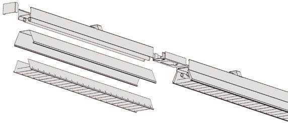 COMPASS PLUS Függesztett ipari fénysávrdszer Suspded industrial lighting channel system with choice of reflectors, louvres and diffuser panels.
