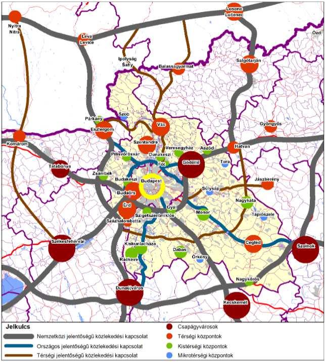 V5. ábra: Térségi központrendszer Forrás: PMTFK Ez a célkitűzés összeegyeztethető a nemzetgazdaság kiegyensúlyozott területi fejlődésével, valamint a területfejlesztés és befektetés-ösztönzés