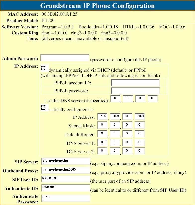 5.2.2 Beállítások Menü Miután megadta a helyes jelszó a login ablakban, az IP telefonba beépített web szerver a Beállítások Menü ablakkal válaszol.