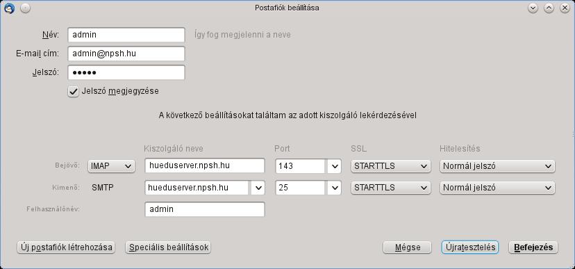 39. ábra: Postafiók beállítása A levelező szolgáltatást IMAP és SMTP protokol segítségével érjük el. VI.1.1 Bejövő levelek beállításai A bejövő levelek beállításai: kiszolgáló neve: <iskola.domain.