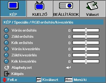 Kezelőszervek Kép Speciális RGB erősítés/ kivezérlés Ez a beállítás a vörös, zöld és kék egyensúlyának beállítására való szürke/fehér esetében.