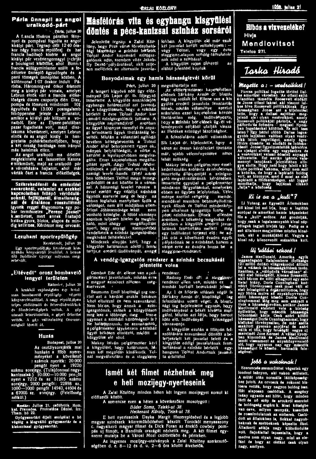 Pária ünnepli az angol uralkodó-párt "^-^IJárts, Julius 20 A f.ancla főváros páratlan fénynyel és pompával fogadta az angol királyi párt.