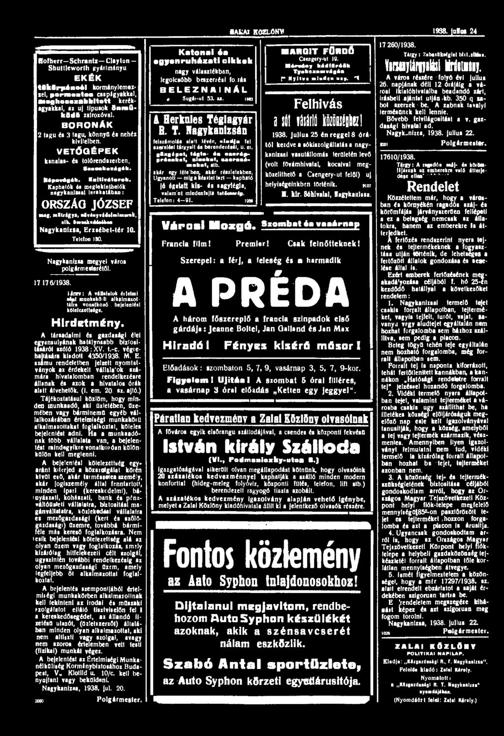 BAKAI KÖZLÖNY 1938.