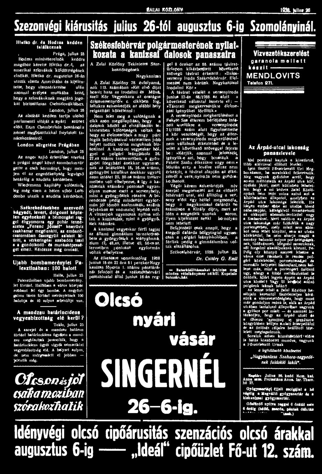 ÉAUU RÖft.ONYI 1938. Mln»26 Szezonvégi kiárusítás julius 26-tól augusztus 6-ig Szomolányinál. Htatko dr.