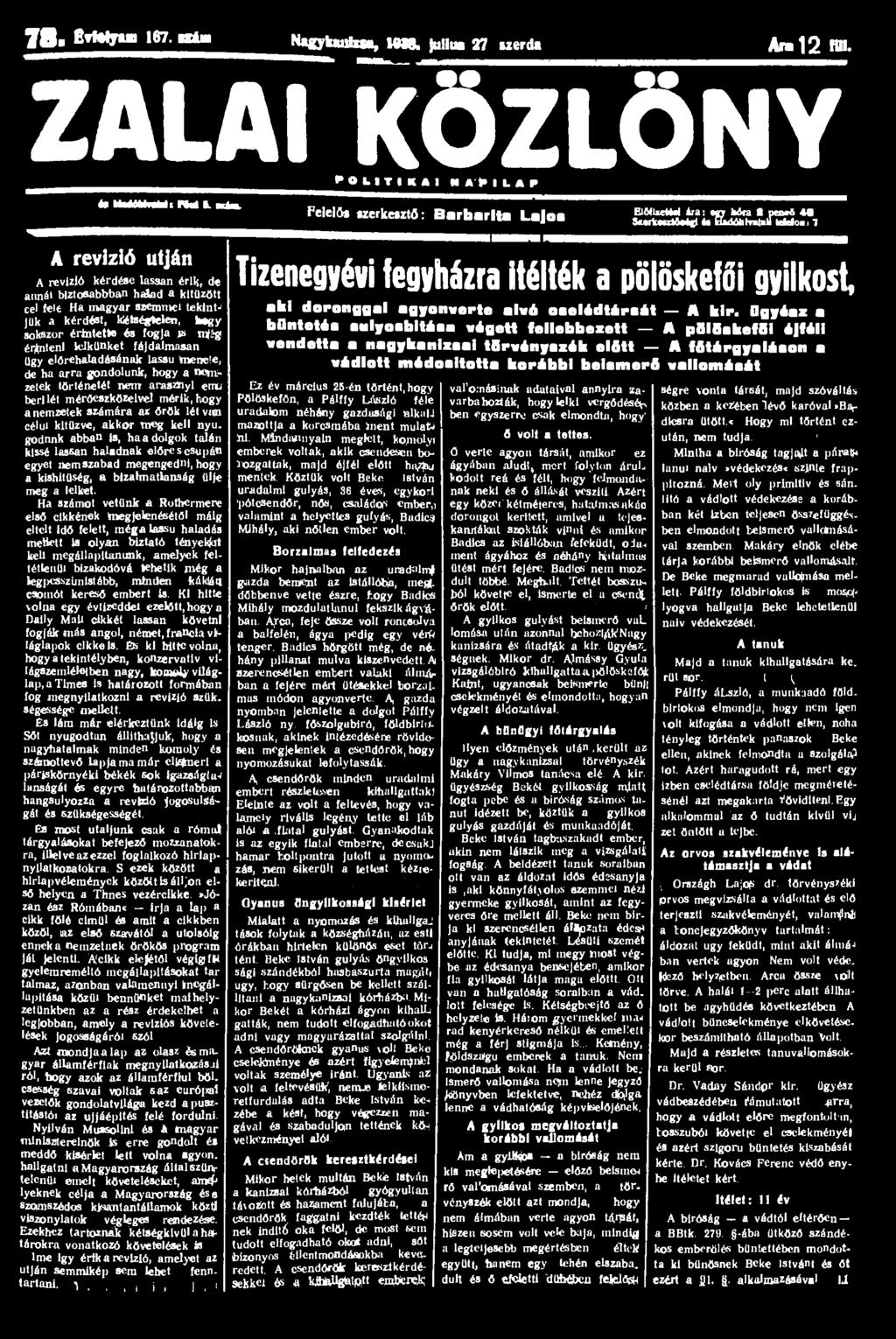 78. BfMyun 167. «*á» Nagybuilm, UH8. Julius 27 izerda Ara 1 2 fül- ZALAI KÖZLÖNY tt M M I i PM k aim.