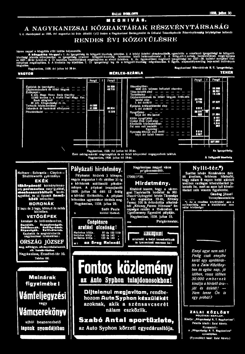HALAI WWLOrn IIMJaHat 30 M C Q H I V Á I. A NAGYKANIZSAI KÖZRAKTÁRAK RÉSZVÉNYTÁRSASÁG t C. rfsrvénye.el a, 1938.