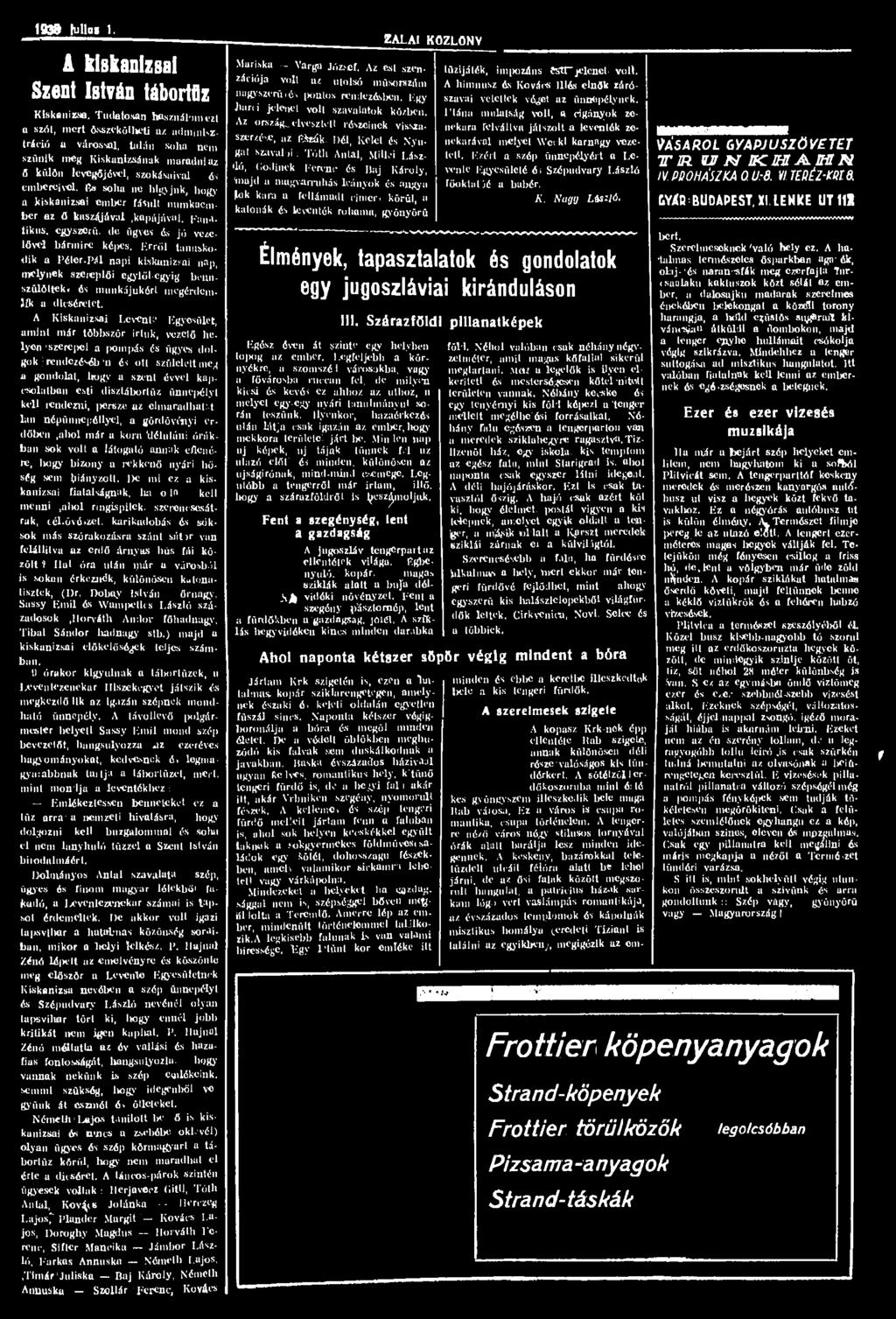1938 tullcl 1. á kiskanizsai Szent István tábortfiz Kiskanizso.