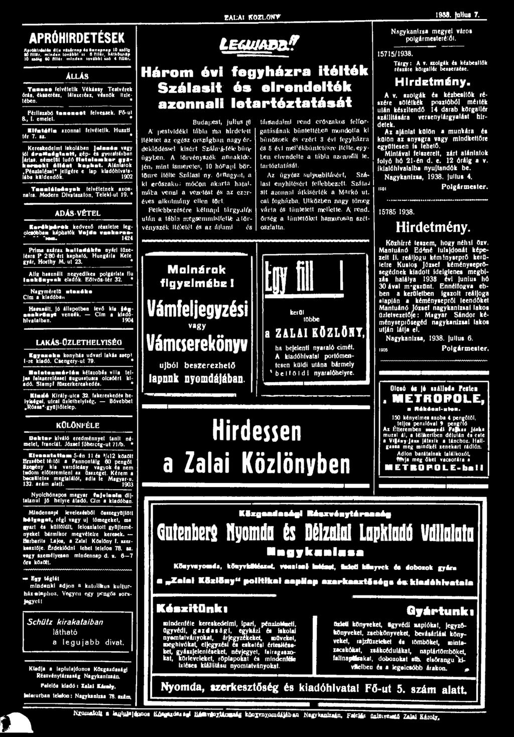 FALAI ifozuwnr 1933. nhiu 7. APRÓHIRDETÉSEK ApröhlMkltt dija vatiinip «f Onn.pnap 10 uóib Mllllií, minden további ti0 (Illír. httk&inap 10 n^f U fllltr minden lovíbbl nö 4 HUér.