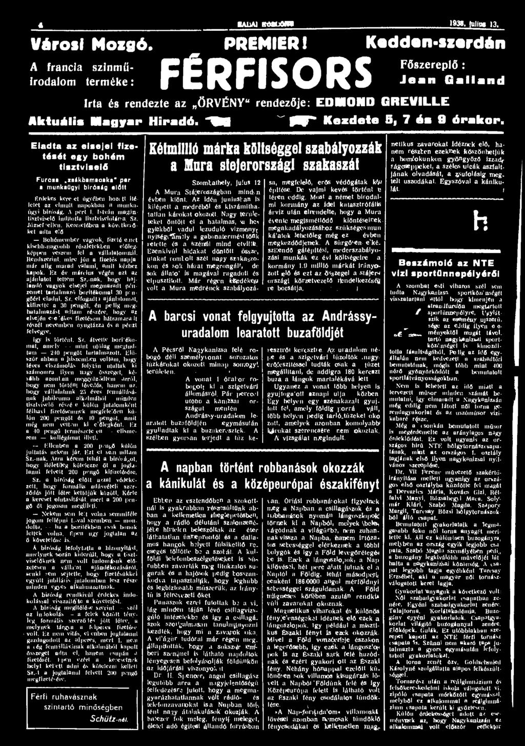 4 AUA1 RtMfüMW 1938. IUIIm 13. Városi Mozgó. színmű- terméke: A francia irodalom PREMIER!