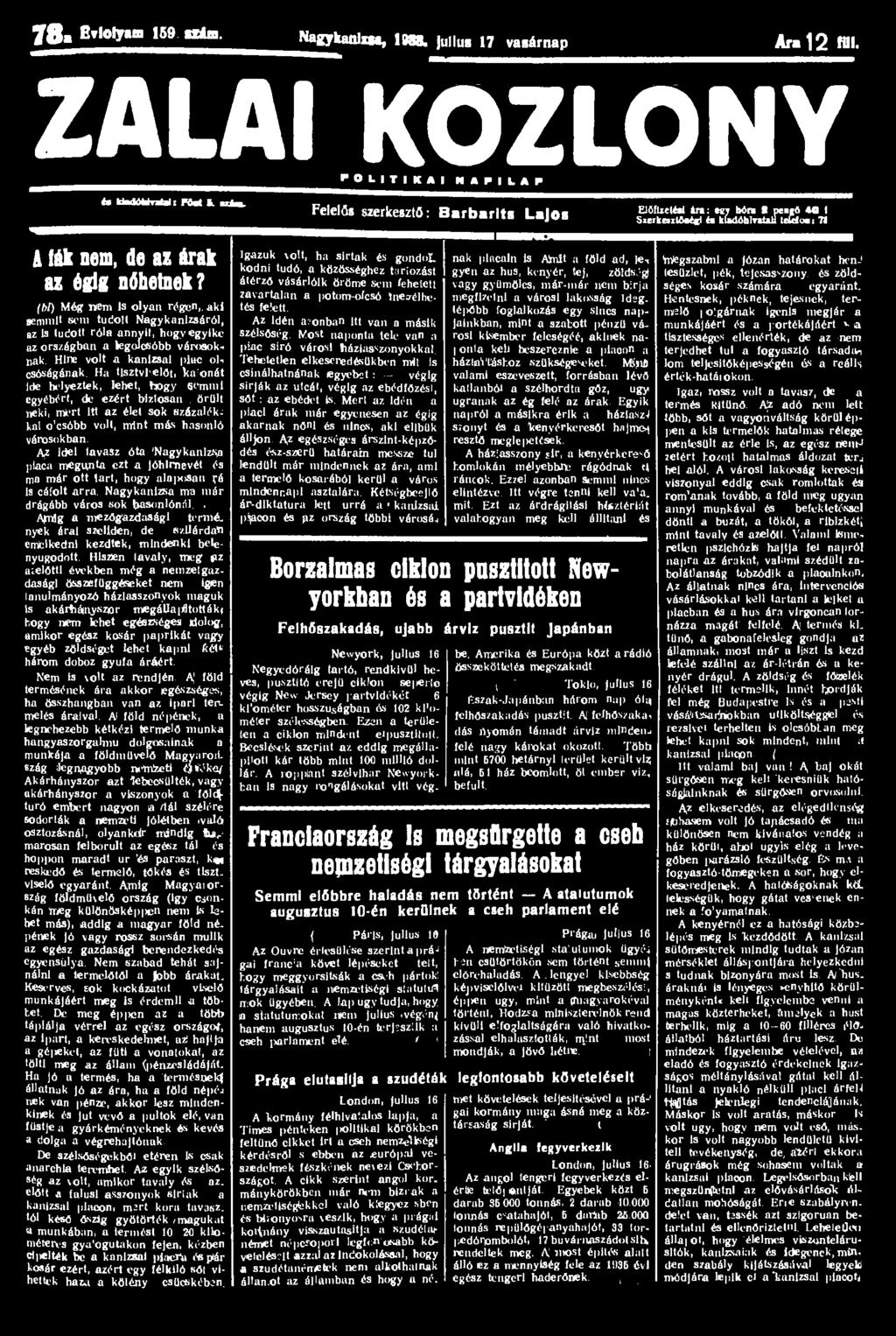 78a Evlolytm 159 Hám. Nagykanlm, 1988. Julius 17 vasárnap Ara 12 Hll.