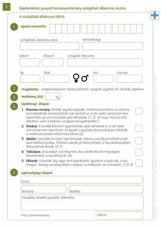Kitöltési útmutató a 4. dokumentumhoz. Amennyiben nincs benne chip, azonnal be kell helyezni egyet, és regisztrálni. A szolgáltató állatorvos tölti ki. Összbenyomás alapján.