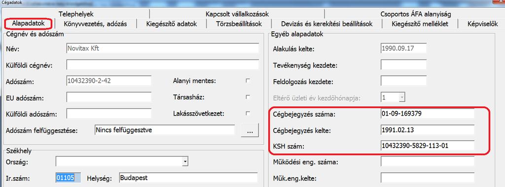 Az Alapadatokban a kötelezően megadandó cégnév, székhely és alakulás dátuma adatokon túl szükség lesz a Cégbejegyzés számának, és keltének, illetve a KSH szám megadására is.