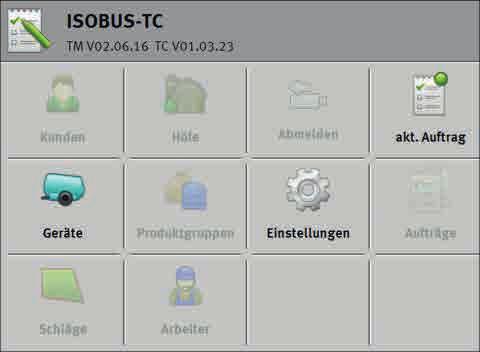 9] Aktuális feladatok képernyő [ 10] 1.6.1 Indítóképernyő Az indító képernyő akkor jelenik meg, amikor megnyitja az ISOBUS feladatvezérlő alkalmazást. Kapcsolók sorát tartalmazza.