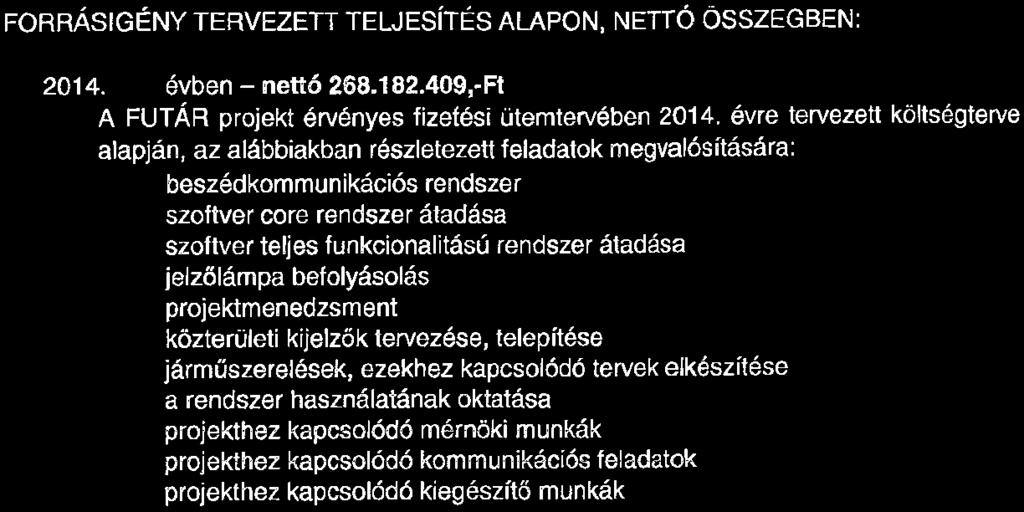 2. számú melléklete A Feladathoz szükséges források évek közötti időszakra eső bontása FORRÁSIGÉNY TERVEZETT TELJESÍTÉS ALAPON, NETTÓ ÖSSZEGBEN: 2014. évben - nett6 268.182.