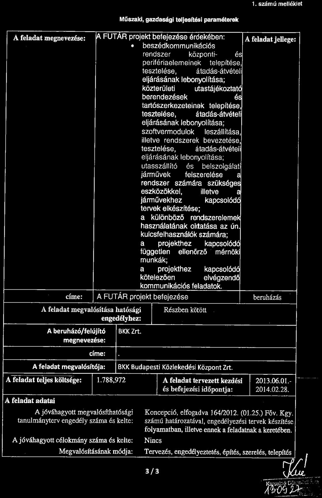 1. számú melléklet Műszaki, gazdasági teljesítési paraméterek A feladat megnevezése: ~ FUT AR projekt befejezése érdekében: A feladat jellege: beszédkommunikációs rendszer központt- és