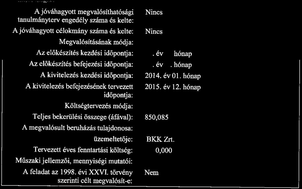 feladat jellege: kapcsolódó technikai fejlesztések 2014-2015 címe: Budapest Beruházás A feladat megvalósítása hatósági nem engedélyhez: A beruházó/felújító BKKZrt megnevezése: címe: 1075 Budapest,