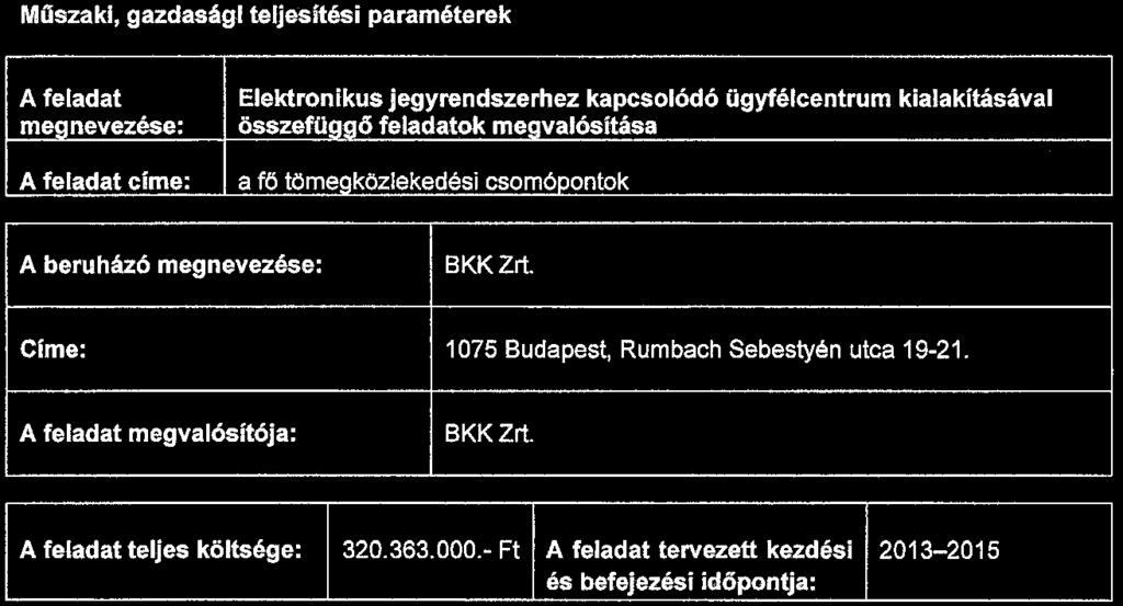 1. számú melléklete Műszaki, gazdasági teljesitési paraméterek A feladat meanevezése: A feladat címe: Elektronikus jegyrendszerhez kapcsolódó ügyfélcentrum kialakításával összefüaa6 feladatok