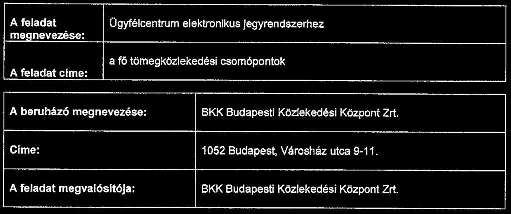 1. számú melléklet Műszaki, gazdasági teljesítési paraméterek A feladat Ogyfélcentrum elektronikus jegyrendszerhez meanevezése: A feladat cfme: a fő tömegközlekedési csomópontok A beruházó